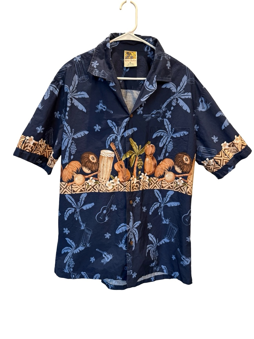 Winnie Fashion Hawaiian Shirt XL Blue Tropical Ukulele Tiki Aloha Camp Shirt